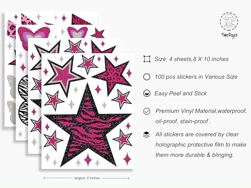 TwoDays 100PCS Y2K Room Decor Aesthetic Wall Decal 2000s Mcbling Vinyl Peel and Stick Stickers for College Teen Girls Bedroom Pink Stars Trashy Y2k Decorations for Women Apartment - Image 3