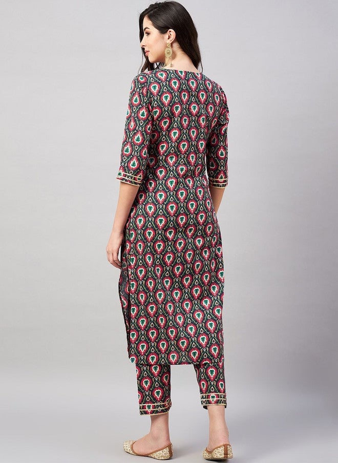 WineRed Wine Red Women Ethnic Motifs Printed Regular Thread Work Pure Cotton Kurta with Trousers - Image 4