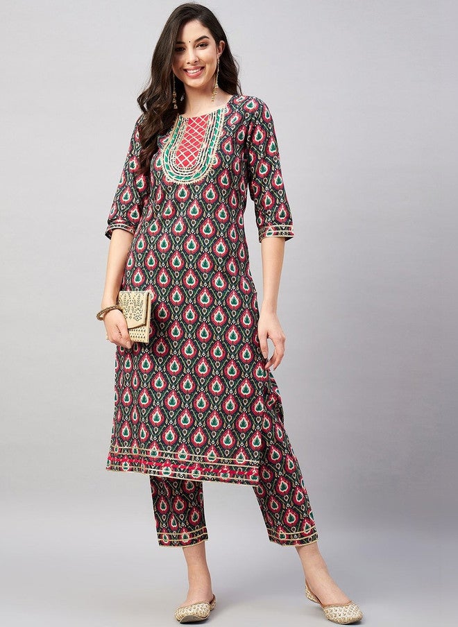 WineRed Wine Red Women Ethnic Motifs Printed Regular Thread Work Pure Cotton Kurta with Trousers - Image 1