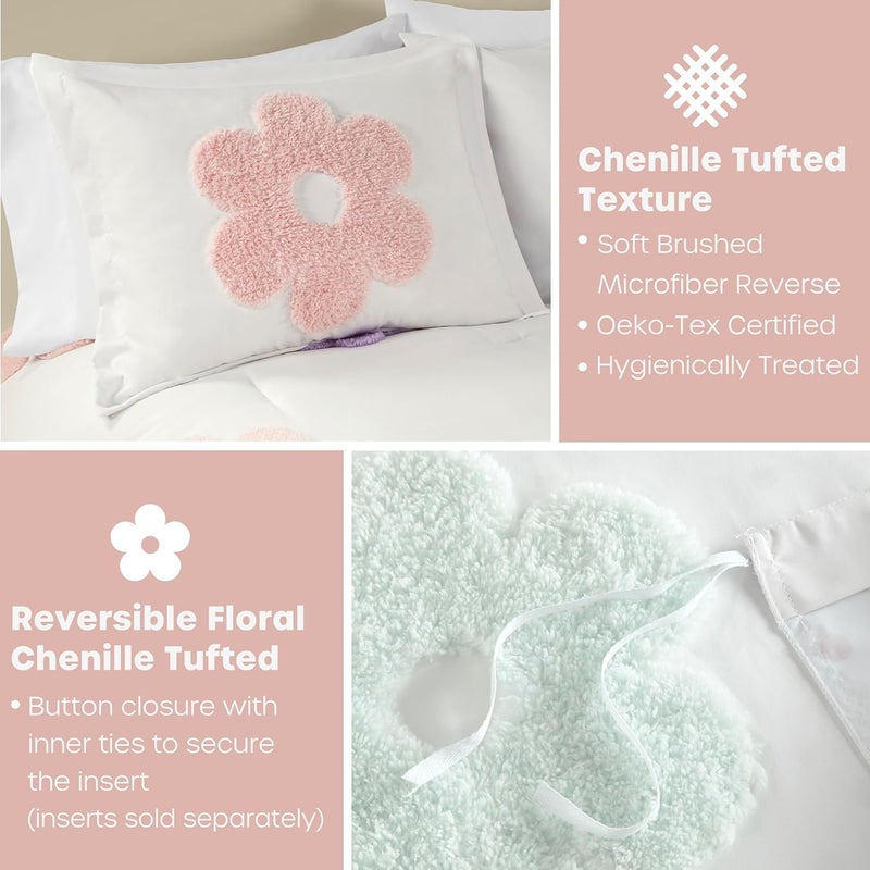 Intelligent Design Kids Full Duvet Cover Set for Girls, Tufted Chenille Floral Duvet Set Queen, Lightweight Polka Dot Reversible Bedding Cover, Gracie, Full/Queen White/Purple 4 Piece - Image 4