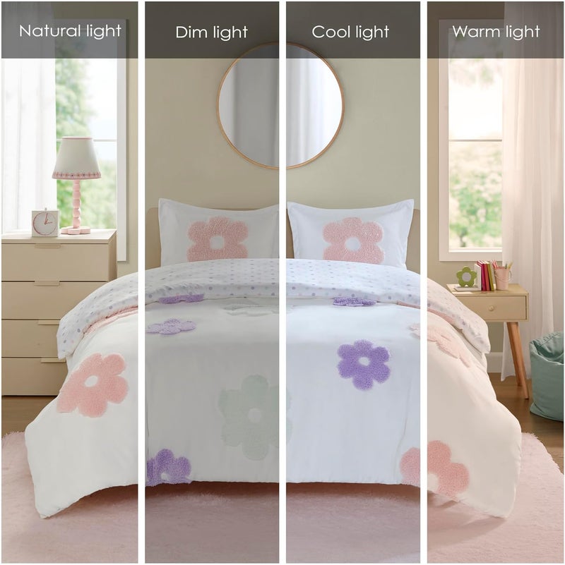 Intelligent Design Kids Full Duvet Cover Set for Girls, Tufted Chenille Floral Duvet Set Queen, Lightweight Polka Dot Reversible Bedding Cover, Gracie, Full/Queen White/Purple 4 Piece - Image 5
