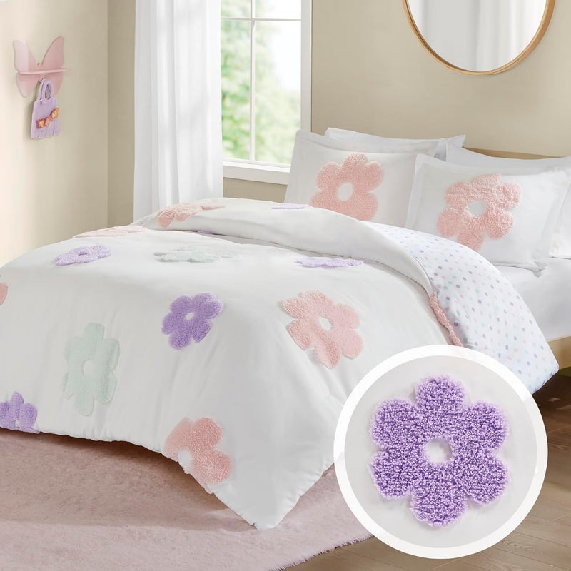 Intelligent Design Kids Full Duvet Cover Set for Girls, Tufted Chenille Floral Duvet Set Queen, Lightweight Polka Dot Reversible Bedding Cover, Gracie, Full/Queen White/Purple 4 Piece - Image 1