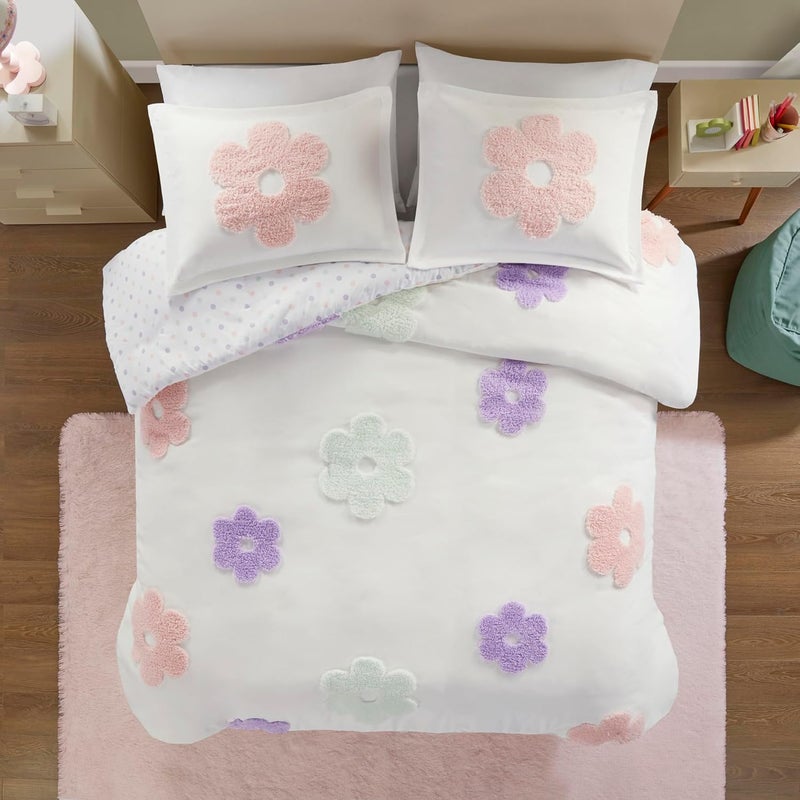 Intelligent Design Kids Full Duvet Cover Set for Girls, Tufted Chenille Floral Duvet Set Queen, Lightweight Polka Dot Reversible Bedding Cover, Gracie, Full/Queen White/Purple 4 Piece - Image 3
