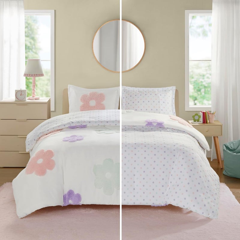 Intelligent Design Kids Full Duvet Cover Set for Girls, Tufted Chenille Floral Duvet Set Queen, Lightweight Polka Dot Reversible Bedding Cover, Gracie, Full/Queen White/Purple 4 Piece - Image 2