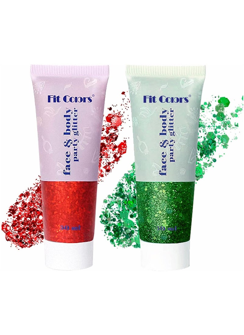 Fit Colors - 2pcs Body Glitter, Mermaid Sequins Liquid Holographic Glitter Gel, Chunky Glitter Face Eye Lip Hair Nail Festival Makeup, Sparkling Body Glitter Gel for Women, RED & Green - Image 1