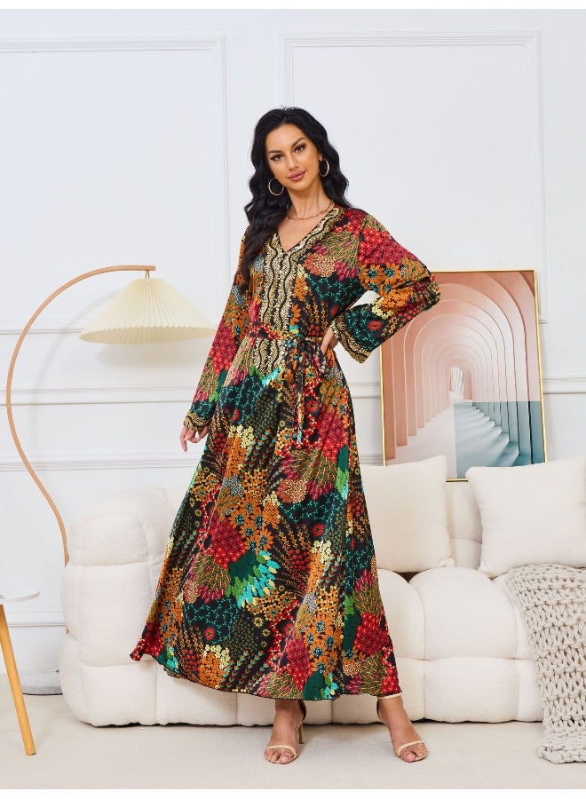 Madam Uniq Floral Long Sleeve V-Neck Muslim Printed Maxi Dress  - Image 1