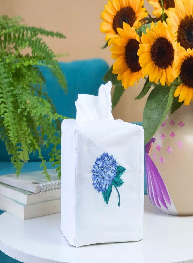 HCRAFT Fabric Tissue Box Cover Set of 2, Vintage Floral Embroidery Hydrangea Tissue Holder, Bouquet Wrapping Bag, Car Tissue Holder, Tissues Box Cover Square 4.5"X4.5"X5.5", White Square Tissue Box Cover - Image 2