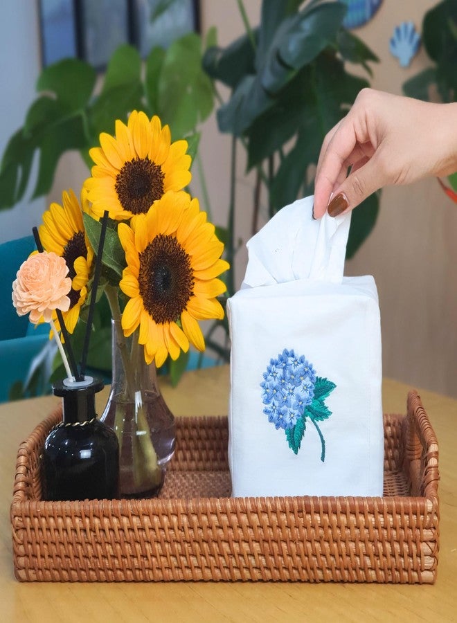 HCRAFT Fabric Tissue Box Cover Set of 2, Vintage Floral Embroidery Hydrangea Tissue Holder, Bouquet Wrapping Bag, Car Tissue Holder, Tissues Box Cover Square 4.5"X4.5"X5.5", White Square Tissue Box Cover - Image 5