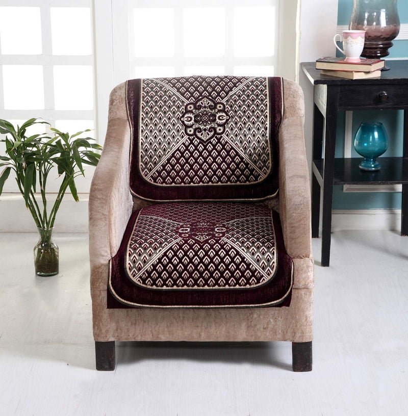 Nendle Chenille Velvet Fabric Sofa Cover Set of 5 Seater (Wine, 6 Pieces) - Image 4