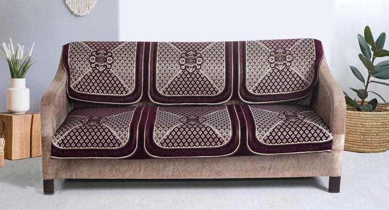 Nendle Chenille Velvet Fabric Sofa Cover Set of 5 Seater (Wine, 6 Pieces) - Image 3