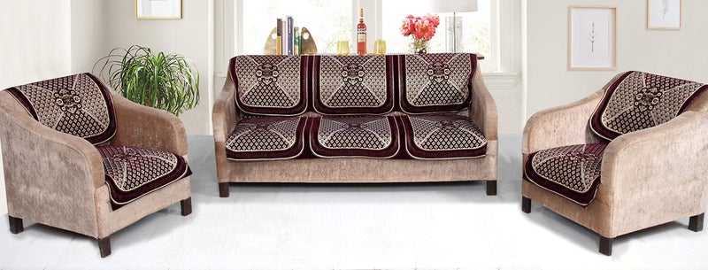 Nendle Chenille Velvet Fabric Sofa Cover Set of 5 Seater (Wine, 6 Pieces) - Image 2