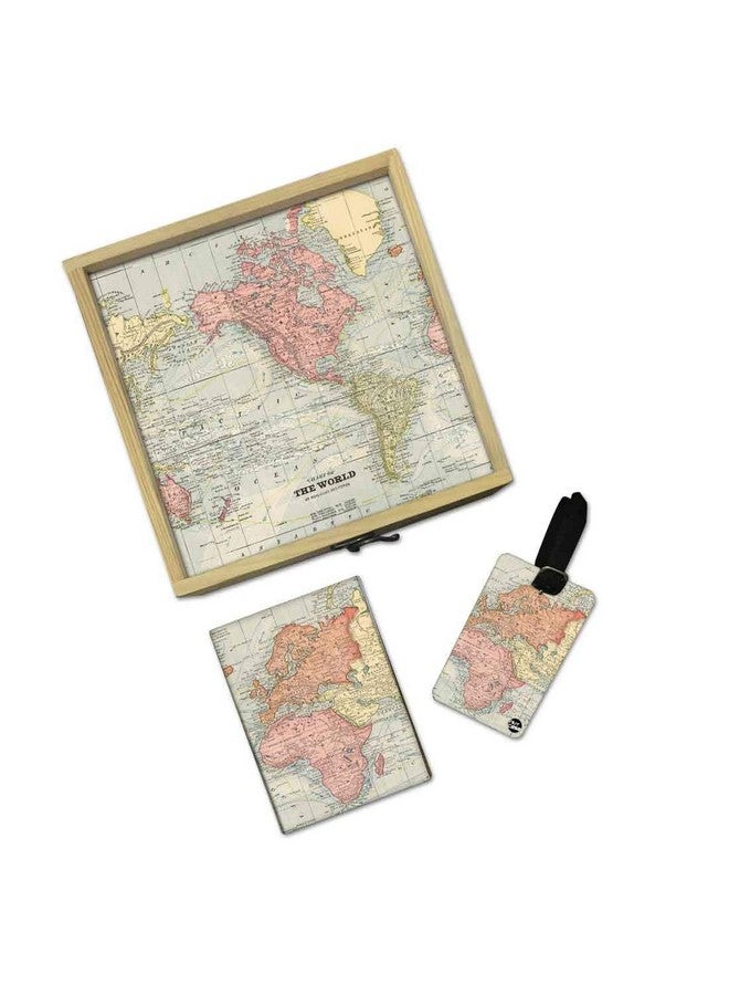 Nutcase Designer Passport Holder for Men Women Passport Cover Luggage Tag Wooden Gift Box Set - The World Map - Image 1