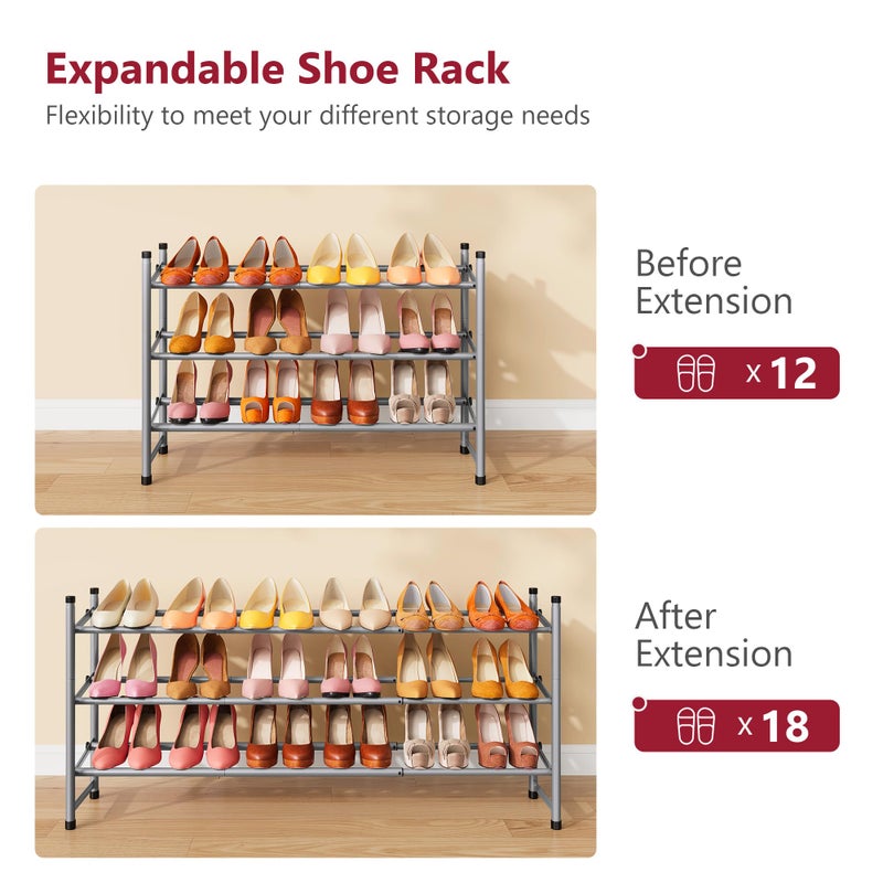 Tajsoon Expandable Shoe Rack for Closet 3 Tier, 28â€œ-41â€œAdjustable & Stackable Shoe Shelf Storage, Metal Shoe Rack Organizer for Front Door Entrance, Closet, Garage, Entryway, Grey - Image 2