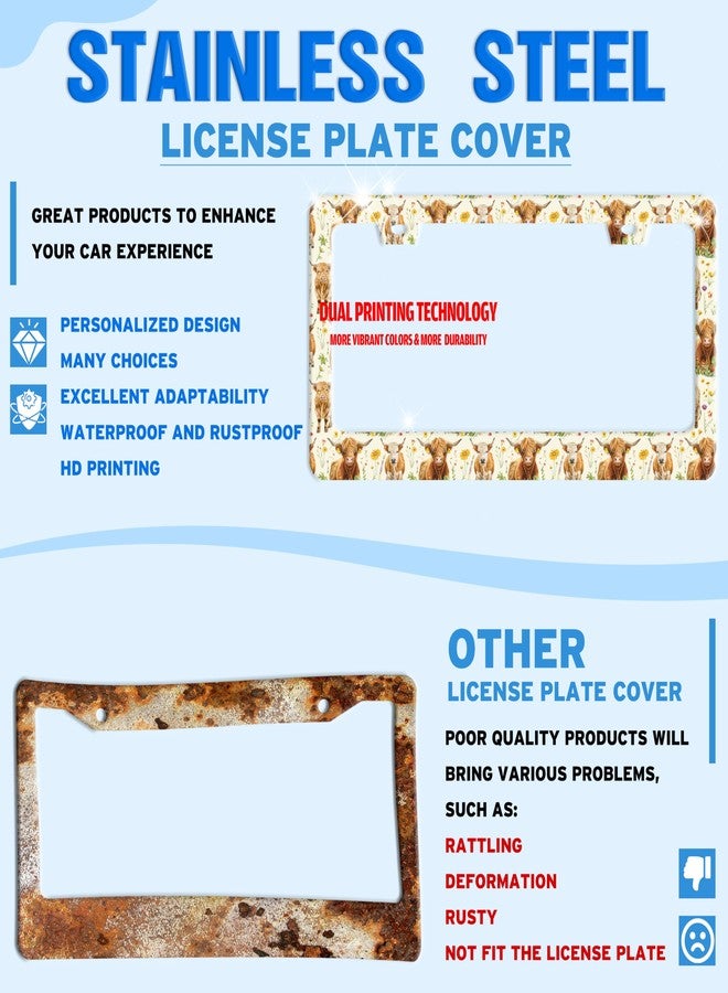 TINALUIN Highland Cow License Plate Frame Cow Animal Flowers Stainless Steel License Plate Holder for Front and Rear Car Tags Funny for Car Decoration Accessories with Screws 6.3 X 12.2 Inch for Women Men - Image 2