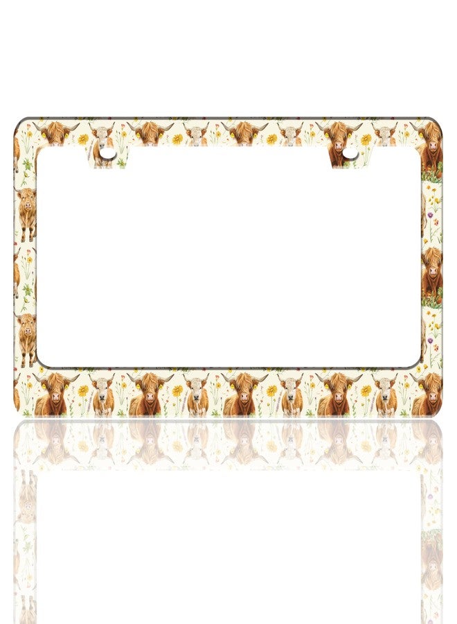 TINALUIN Highland Cow License Plate Frame Cow Animal Flowers Stainless Steel License Plate Holder for Front and Rear Car Tags Funny for Car Decoration Accessories with Screws 6.3 X 12.2 Inch for Women Men - Image 1