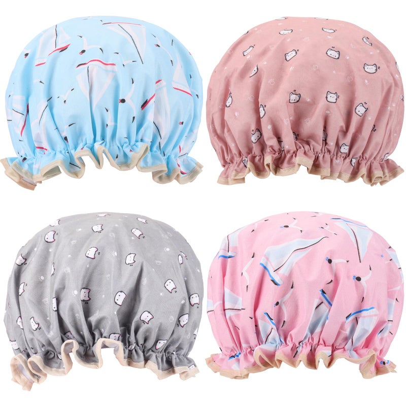 Tbestmax 4 Pcs Shower Caps Hat for Women and Girl, Reusable Waterproof Bath Cap Double Waterproof Layers Cat and Boat Pattern - Image 1