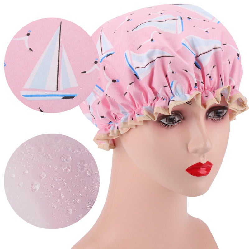 Tbestmax 4 Pcs Shower Caps Hat for Women and Girl, Reusable Waterproof Bath Cap Double Waterproof Layers Cat and Boat Pattern - Image 4