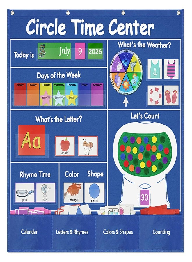 Jenlan Educational Pocket Chart, 39.76 x 39.76 inches Circle Time Learning Center Pocket Chart Learning Center Classroom Pocket Chart Circle Time Learning Calendar Weather Counting Letter Color Shape - Image 1