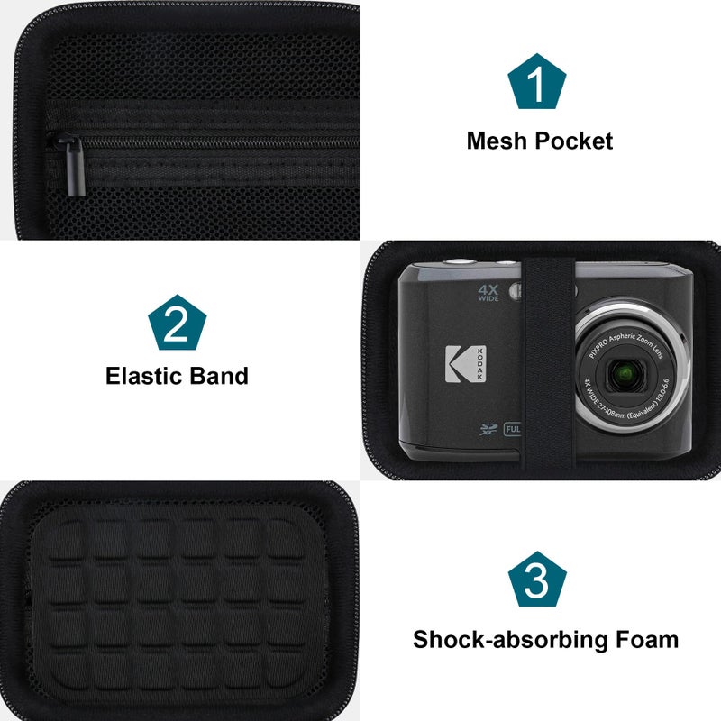 Canboc Carrying Case for Kodak PIXPRO FZ55/ FZ45 16MP Digital Camera, FZ45 Video Vlogging Camera Bag, Mesh Pocket fit Cable, SD Card, Black (Case Only) - Image 5