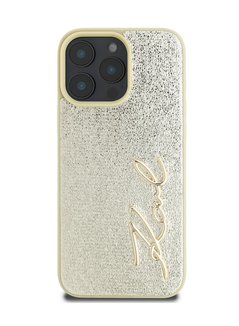 كارل لاغرفيلد جراب صلب من البولي يوريثان بتصميم مجعد مع شعار معدني مميز لهاتف iPhone 16 Pro Max - ذهبي