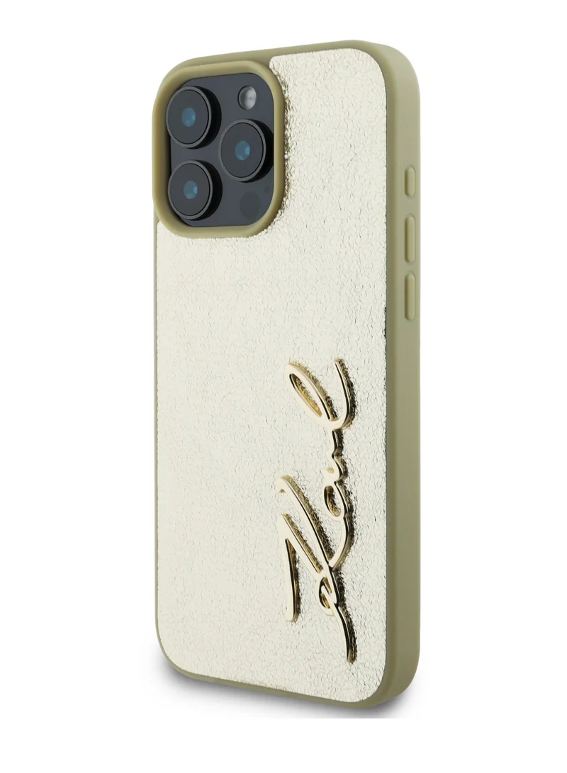 كارل لاغرفيلد جراب صلب من البولي يوريثان بتصميم مجعد مع شعار معدني مميز لهاتف iPhone 16 Pro Max - ذهبي