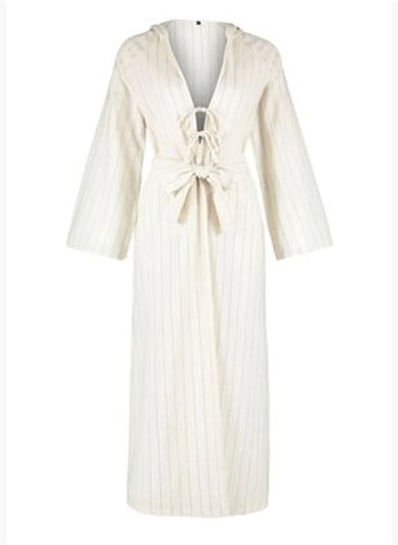 trendyol Striped Belted Maxi Woven Tie Linen Blend 100% Cotton Kimono & Kaftan