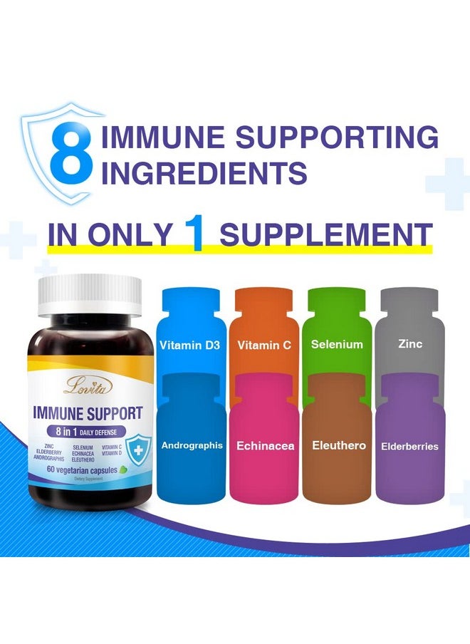 Lovita - Immune Support 8 In 1 Elderberry With Zinc And Vitamin C Vitamin D Selenium & Echinacea Andrographis Siberian Ginseng Immune Booster Supplement 60 Vegetarian Capsules - Image 1