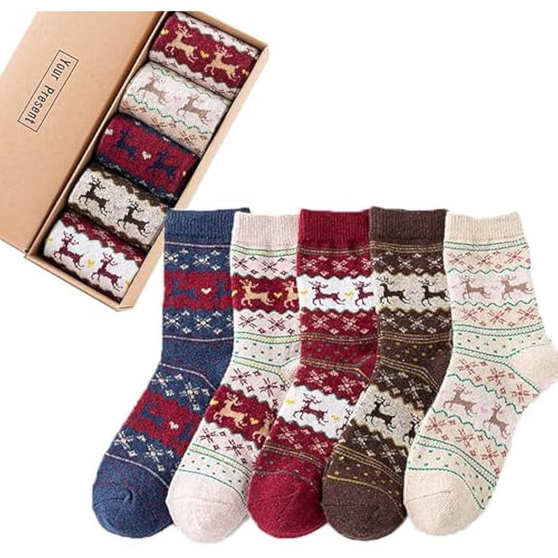 إسكدنيا جوارب الكريسماس 5 ازواج هدايا الكريسماس للنساء والرجال، جوارب قطنية ملونة منقوشة بنمط ندفة الثلج، جوارب ناعمة فاخرة للكريسماس والشتاء والكريسماس مع صندوق هدايا - Image 1