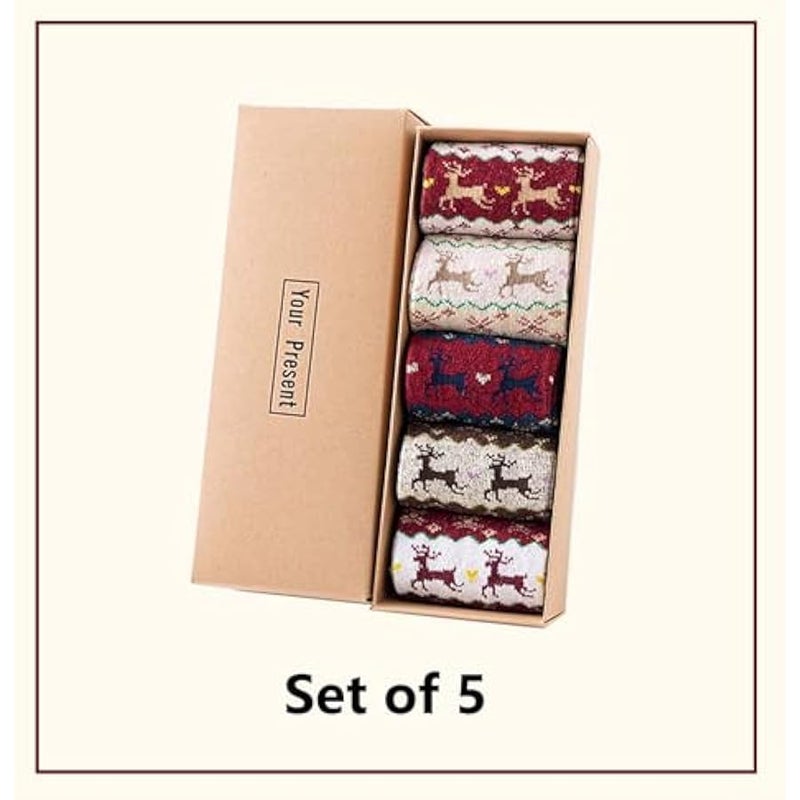 إسكدنيا جوارب الكريسماس 5 ازواج هدايا الكريسماس للنساء والرجال، جوارب قطنية ملونة منقوشة بنمط ندفة الثلج، جوارب ناعمة فاخرة للكريسماس والشتاء والكريسماس مع صندوق هدايا - Image 5
