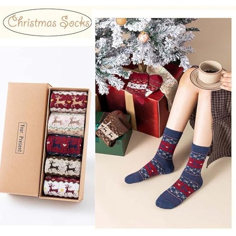 إسكدنيا جوارب الكريسماس 5 ازواج هدايا الكريسماس للنساء والرجال، جوارب قطنية ملونة منقوشة بنمط ندفة الثلج، جوارب ناعمة فاخرة للكريسماس والشتاء والكريسماس مع صندوق هدايا - Image 2