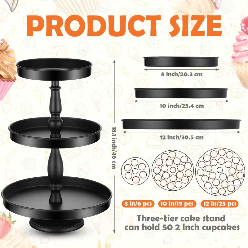 Maxdot 2 Pcs 3 Tier Cupcake Stand Holder, Round Cupcake Stand Serving Tray, Metal Tiered Tray Pastry Dessert Cake Tower Display Stand for Baby Shower Tea Party, Wedding and Birthday (Black) - Image 2