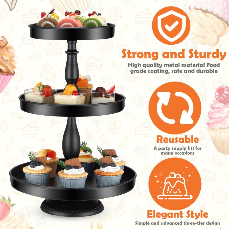 Maxdot 2 Pcs 3 Tier Cupcake Stand Holder, Round Cupcake Stand Serving Tray, Metal Tiered Tray Pastry Dessert Cake Tower Display Stand for Baby Shower Tea Party, Wedding and Birthday (Black) - Image 4
