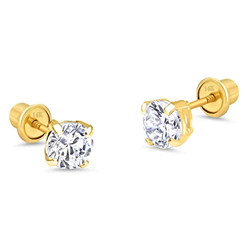 Lovearing 14k Yellow Gold 6mm Basket Round Solitaire Cubic Zirconia Children Screw Back Baby Girls Earrings - Image 1
