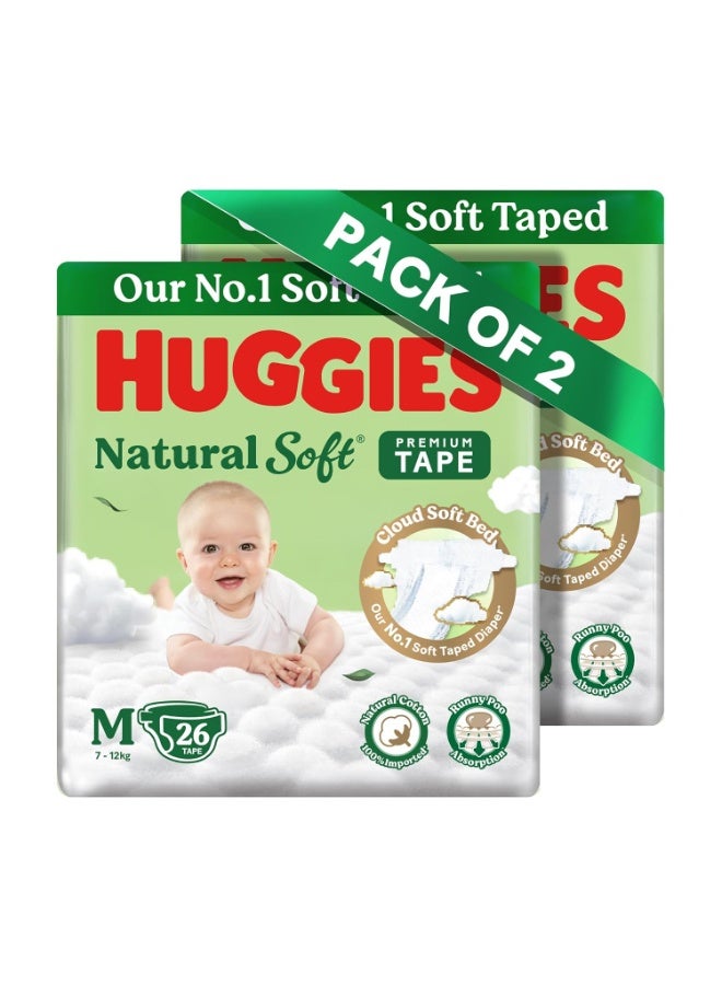 Huggies Natural Soft Premium Tape Diapers Medium (M) Size, 7-12 kgs,26*2 Count | Our No.1 Soft Taped Diaper with Cloud Soft Bed and Runny Poo Absorption