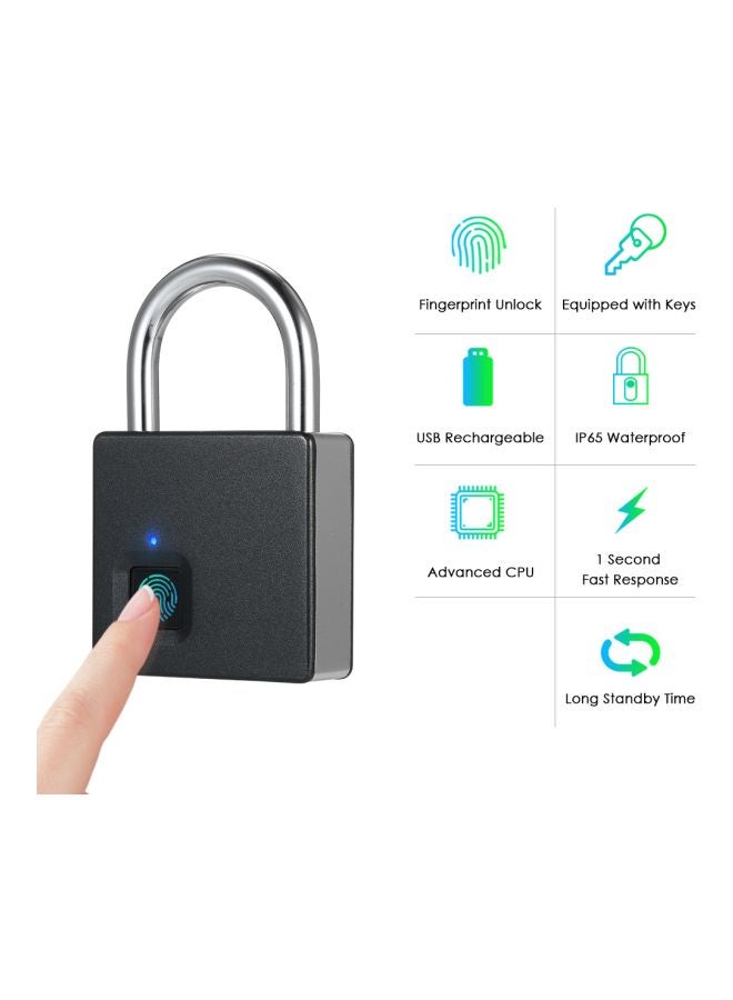 USB Rechargeable Smart Fingerprint Anti-Theft Security Padlock With 2 Keys Black/Silver - Image 2