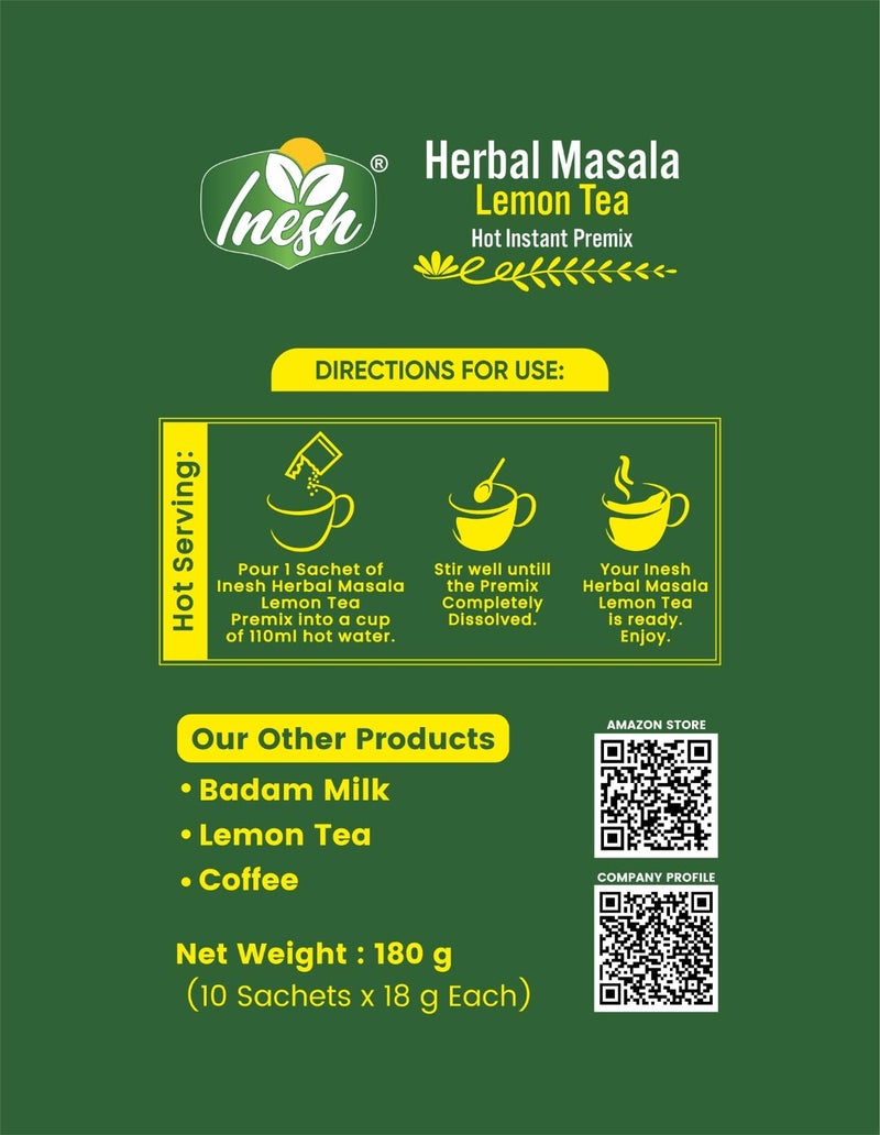 Inesh Herbal Masala Lemon Tea Hot Instant Premix 10 Pouches in Box Total 20 Pouches Set of 2 (360g) - Image 5