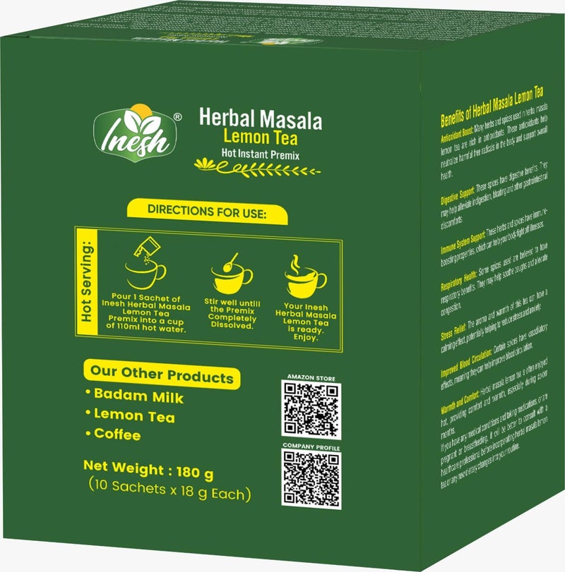 Inesh Herbal Masala Lemon Tea Hot Instant Premix 10 Pouches in Box Total 20 Pouches Set of 2 (360g) - Image 4