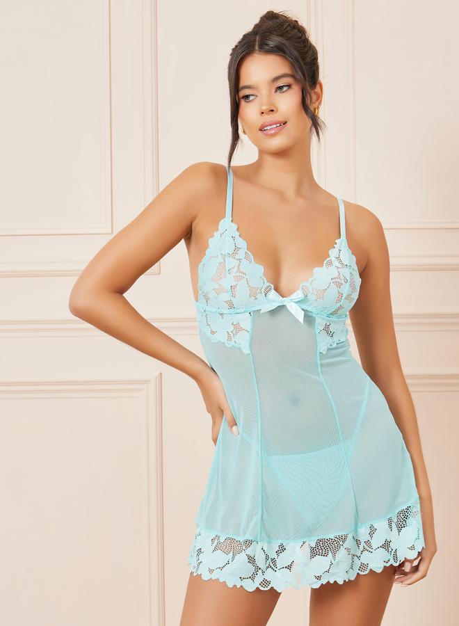 Styli Floral Lace Cup and Hem Mesh Panel Slip Dress with Thong Set - Image 1