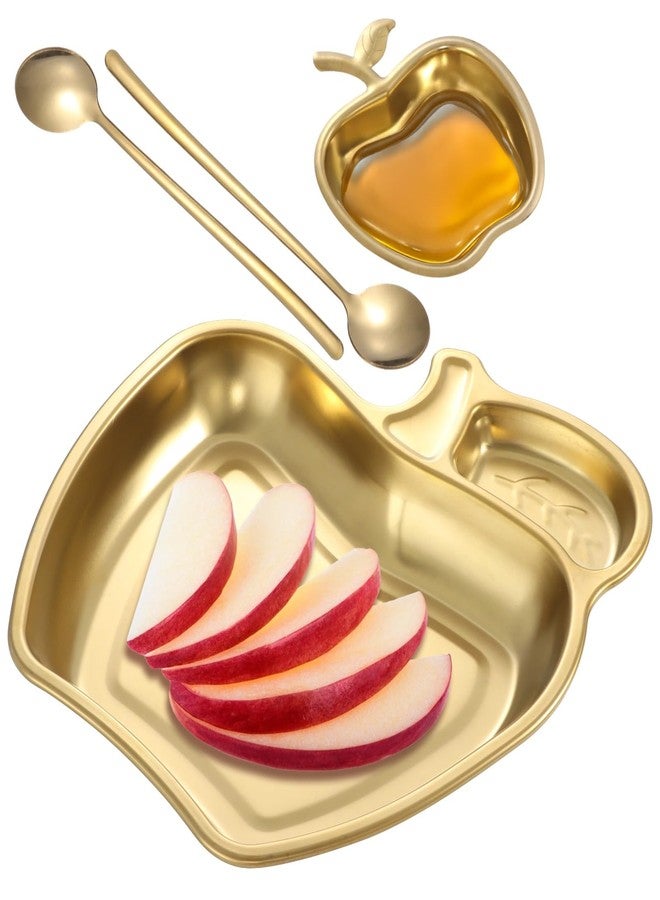 DORMIYA 3 Pcs Metal Honey Dish Set, Golden Apple Shaped Plate, 9.4 in Food Tray and 4 in Dish with Spoons, Stainless Steel Serving Platter for Party, Holiday, Rosh Hashanah Gifts - Image 1