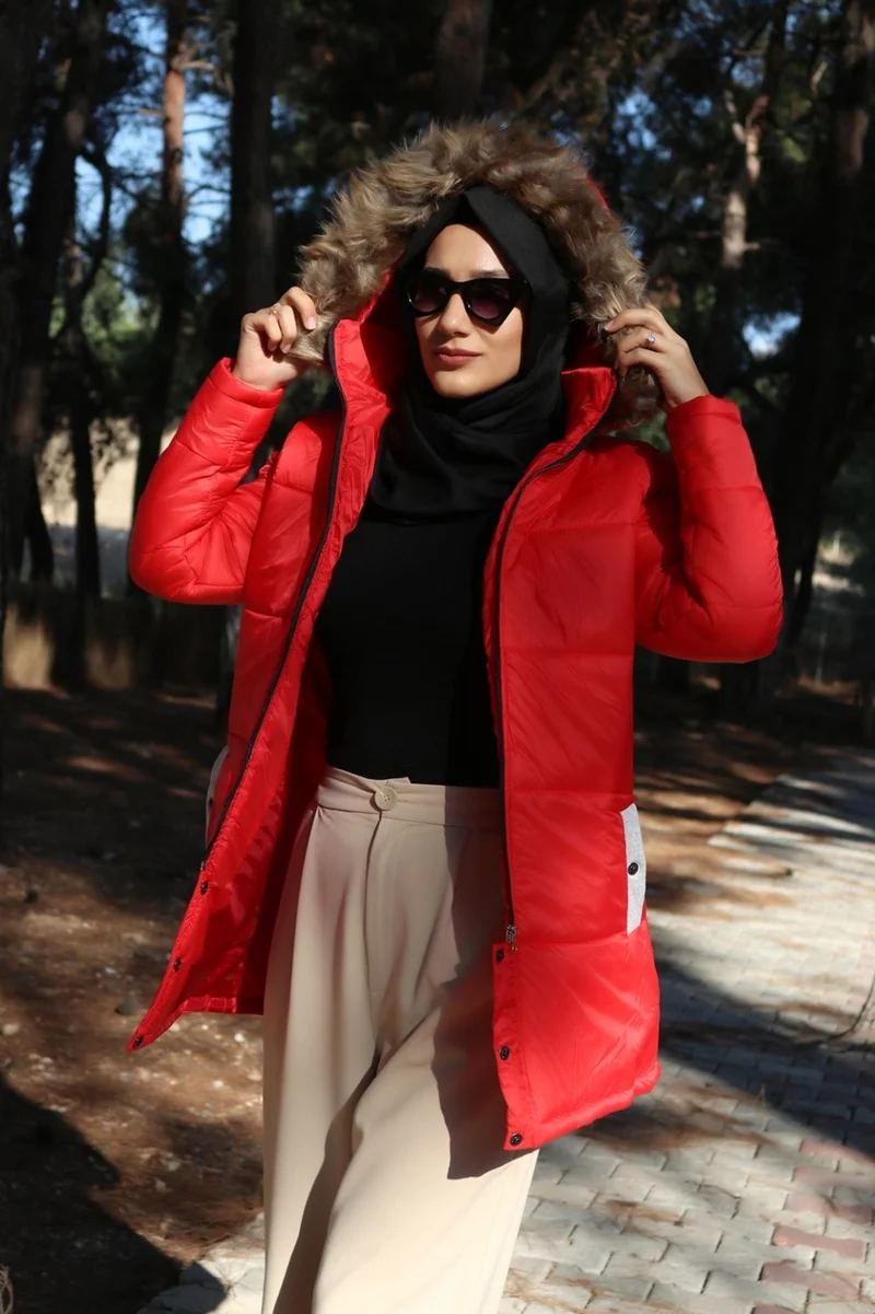باربورا Winter Fur Collar Puffer Women's Hijab Coat 7112REDITESETTÜR