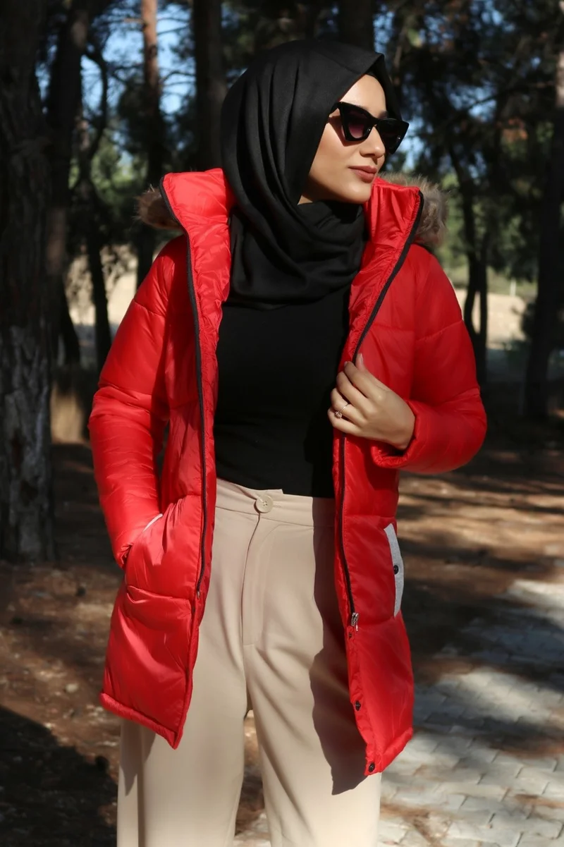 باربورا Winter Fur Collar Puffer Women's Hijab Coat 7112REDITESETTÜR