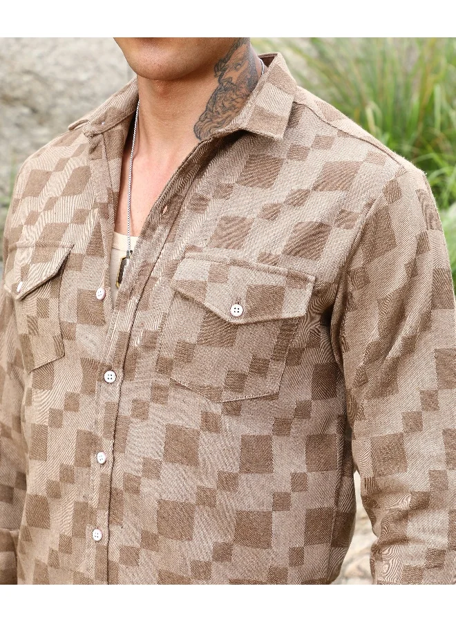 CAHOOT  Men's Chocolate Brown Cubic Utility Shirt For Casual Wear | Spread Collar | Long Sleeve | Button Closure | Shirt Crafted With Comfort Fit For Everyday Wear for Men | Best Price UAE