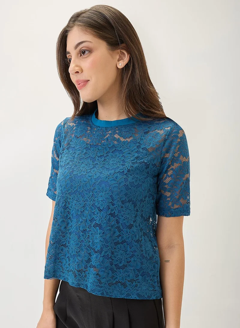 globus Globus Women Round Neck Short Sleeves Opaque Floral Lace Party Top