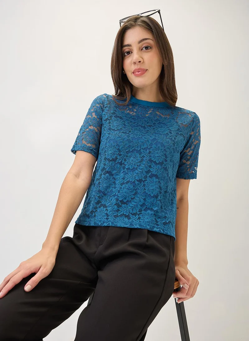 globus Globus Women Round Neck Short Sleeves Opaque Floral Lace Party Top