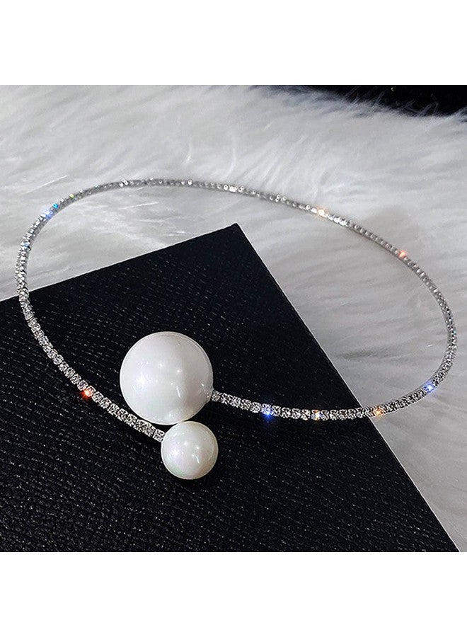 JEAIRTS Cystal Pearl Choker Necklace Silver Rhinestone Adjustable Necklaces Fashion Necklace Jewelry Party Gifts Costume Accessories For Women And Girls - Image 2