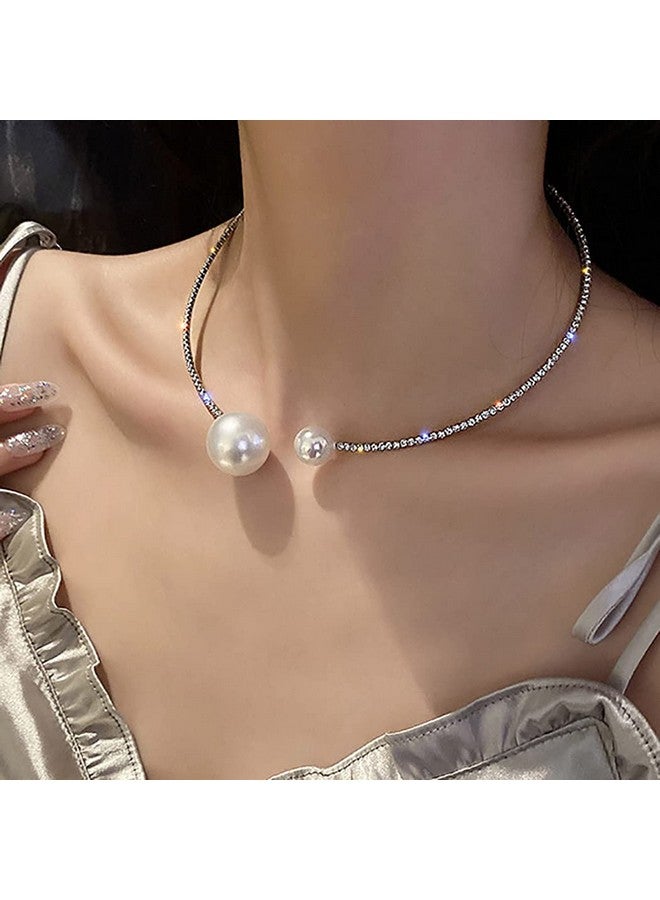 JEAIRTS Cystal Pearl Choker Necklace Silver Rhinestone Adjustable Necklaces Fashion Necklace Jewelry Party Gifts Costume Accessories For Women And Girls - Image 4