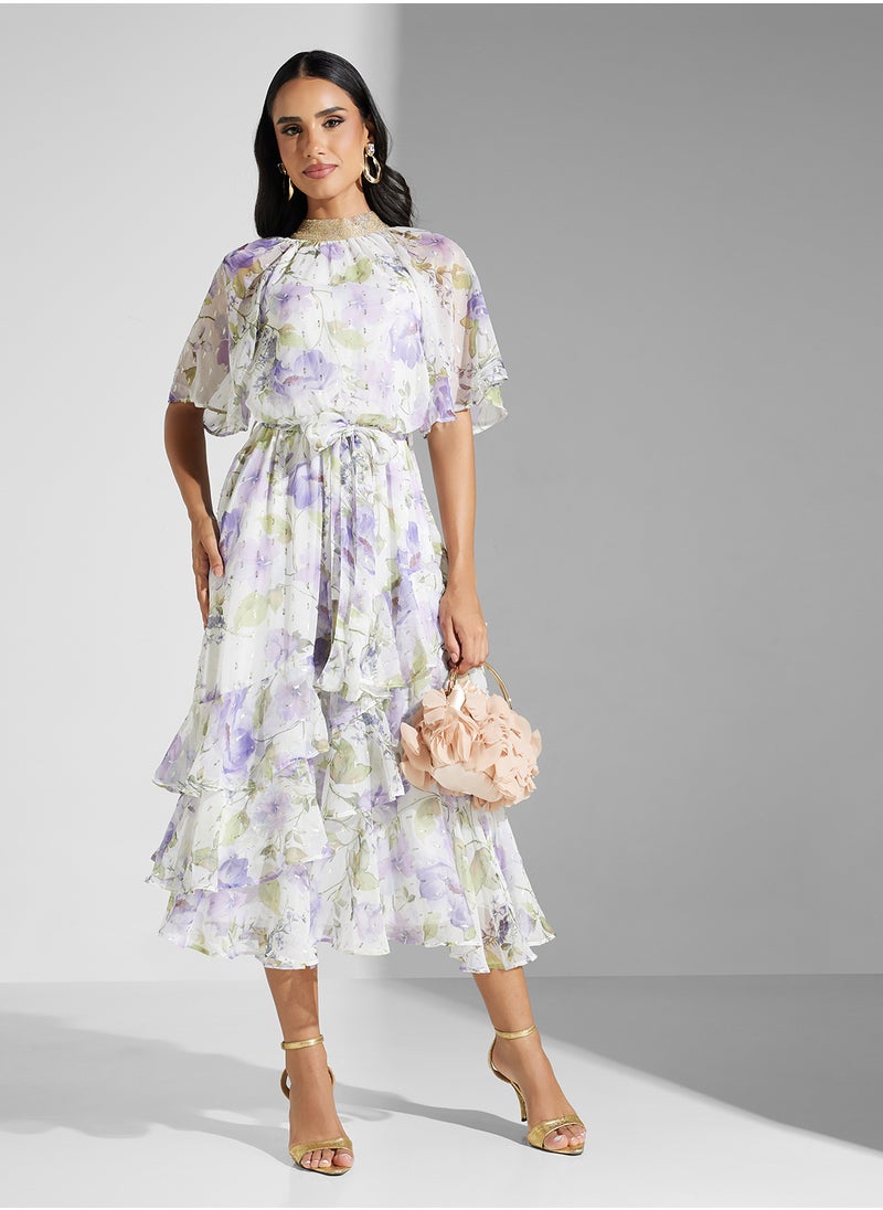 Amelia Rose Printed Puff Sleeve Dress  - Image 1