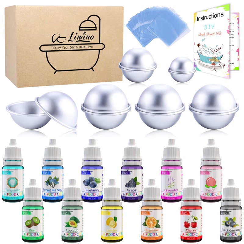 Limino 12 Pieces Bath Bomb Mold Set with 12 Soap Dye, Shrink Wrap Bags - DIY Bath Bombs Making Supplies Kit - Food Grade Skin Safe Bath Bomb Dye for Soap Coloring, Crafting Fizzles - with Instructions - Image 1