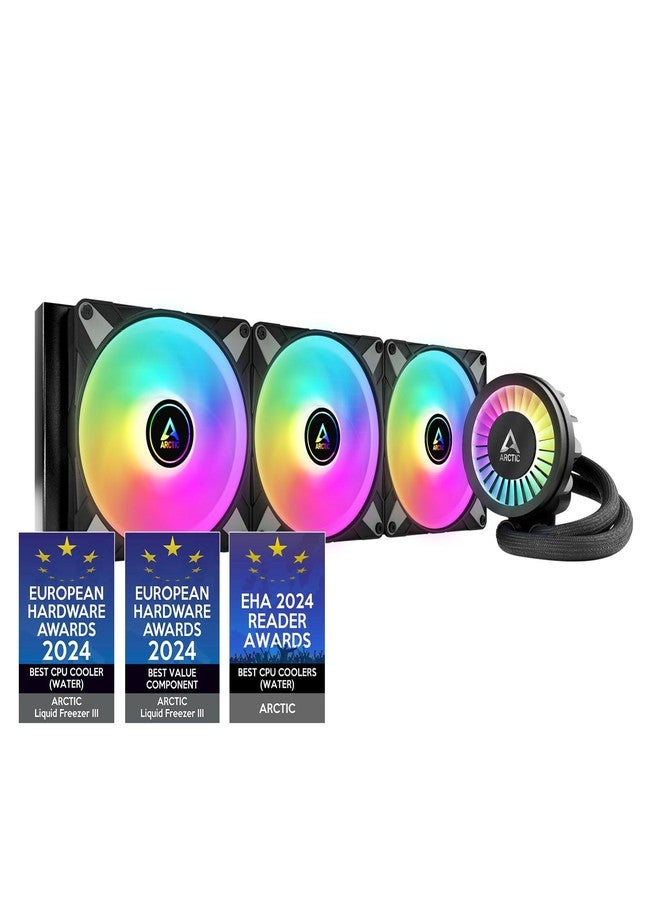Arctic مبرد مياه ARCTIC Liquid Freezer III 420 A-RGB - مبرد مياه AIO لوحدة المعالجة المركزية، تبريد مياه للكمبيوتر، إنتل وأيه إم دي، مضخة تعمل بكفاءة مع تحكم PWM، مروحة: 200-1900 RPM، إطار اتصال LGA1851 و LGA1700 - أسود - Image 1