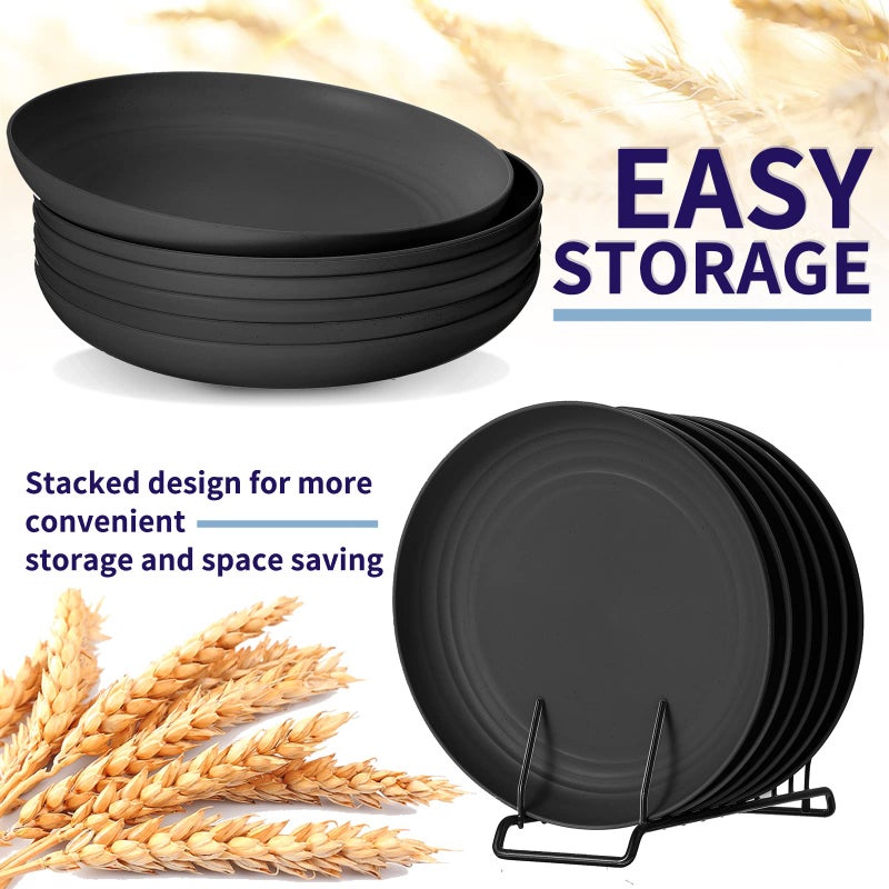 Zopeal 15 Pcs 10 Inch Wheat Straw Plates Set Lightweight Unbreakable Deep Dinner Plates Reusable Plastic Plates Microwave and Dishwasher Safe for Kitchen Salad Dessert Fruit Cakes Dish(Black) - Image 3